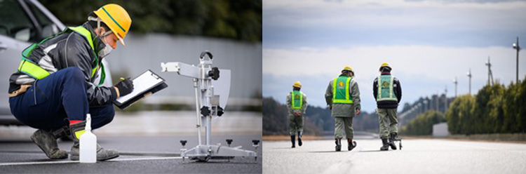 （L）Measuring the BPN, a metric indicating pavement friction<br>（R）Measuring the IRI, a metric for assessing pavement roughness